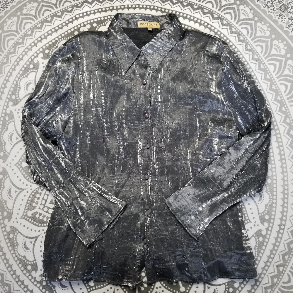 NOTATIONS XL BUTTON BLOUSE METALLIC SILVER RETRO